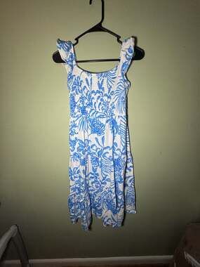 Lilly Pulitzer Girls Mini Jilly Midi Dress L Blue White Floral Smocked Cotton